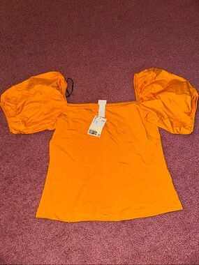 H&M Orange Puff-Sleeve Square Neck Top